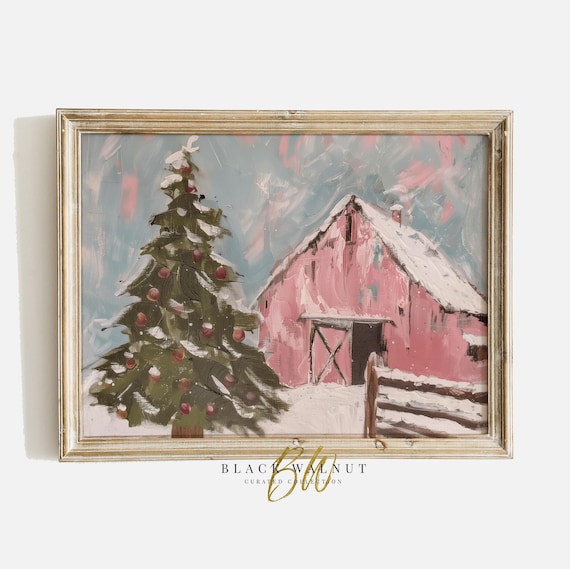 Pink Winter Barn Christmas Tree Art Print