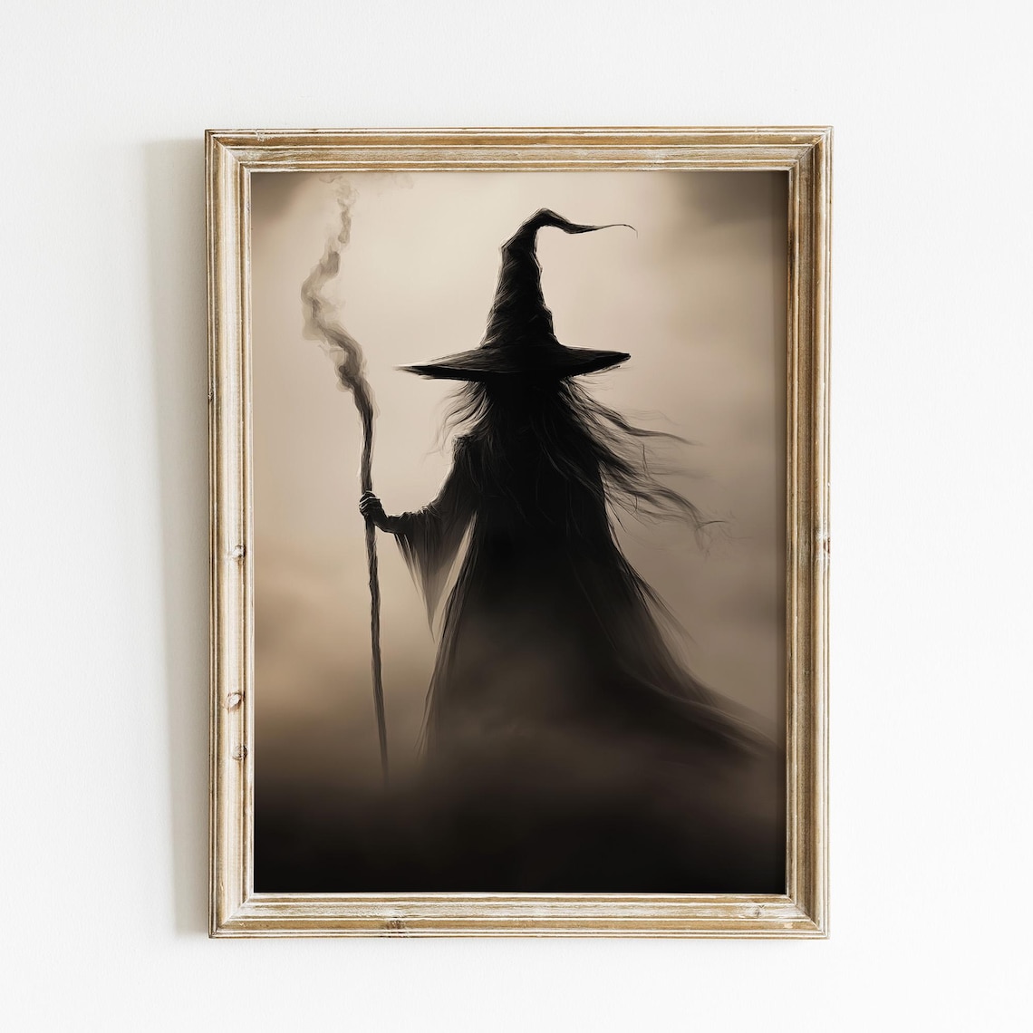 Moody Witch Silhouette Staff Tall Hat Misty Monochrome Halloween Art Print