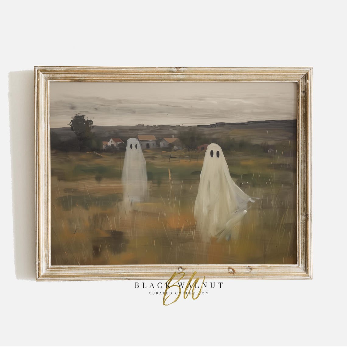 Two Cute Ghosts In Golden Field Farmhouse Halloween Scene Poster