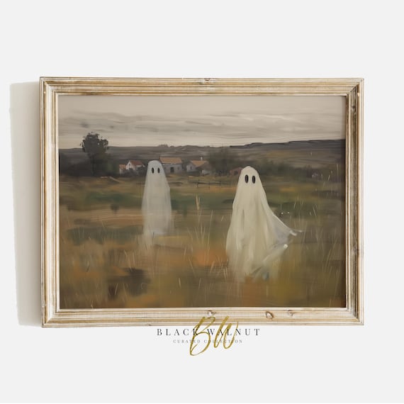 Two Cute Ghosts In Golden Field Farmhouse Halloween Scene Poster