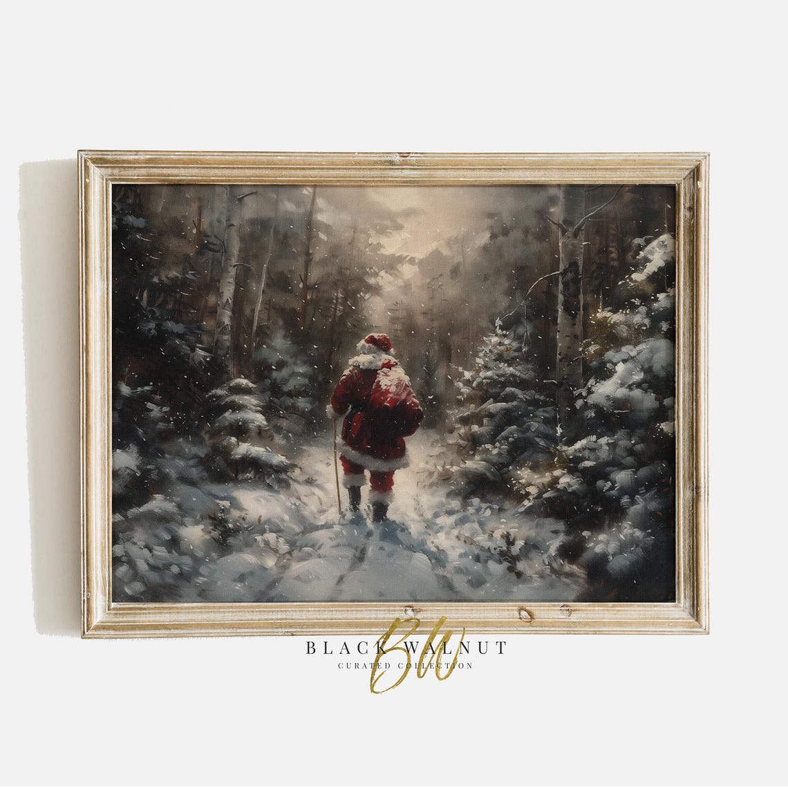 Vintage Santa Walking Through Snowy Forest With Sack Night Poster