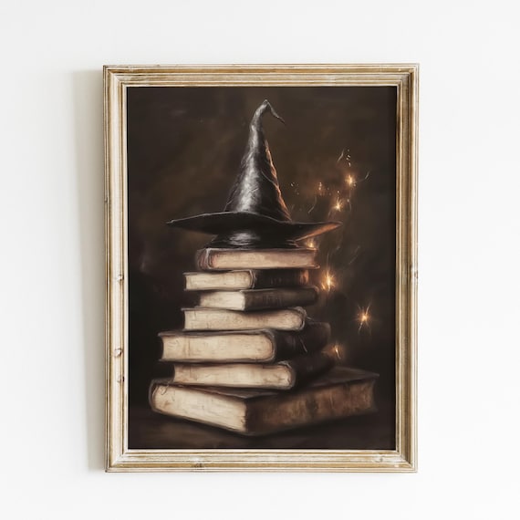 Wizard Hat on Stack of Vintage Books Magical Library Still Life Painting Art Poster
