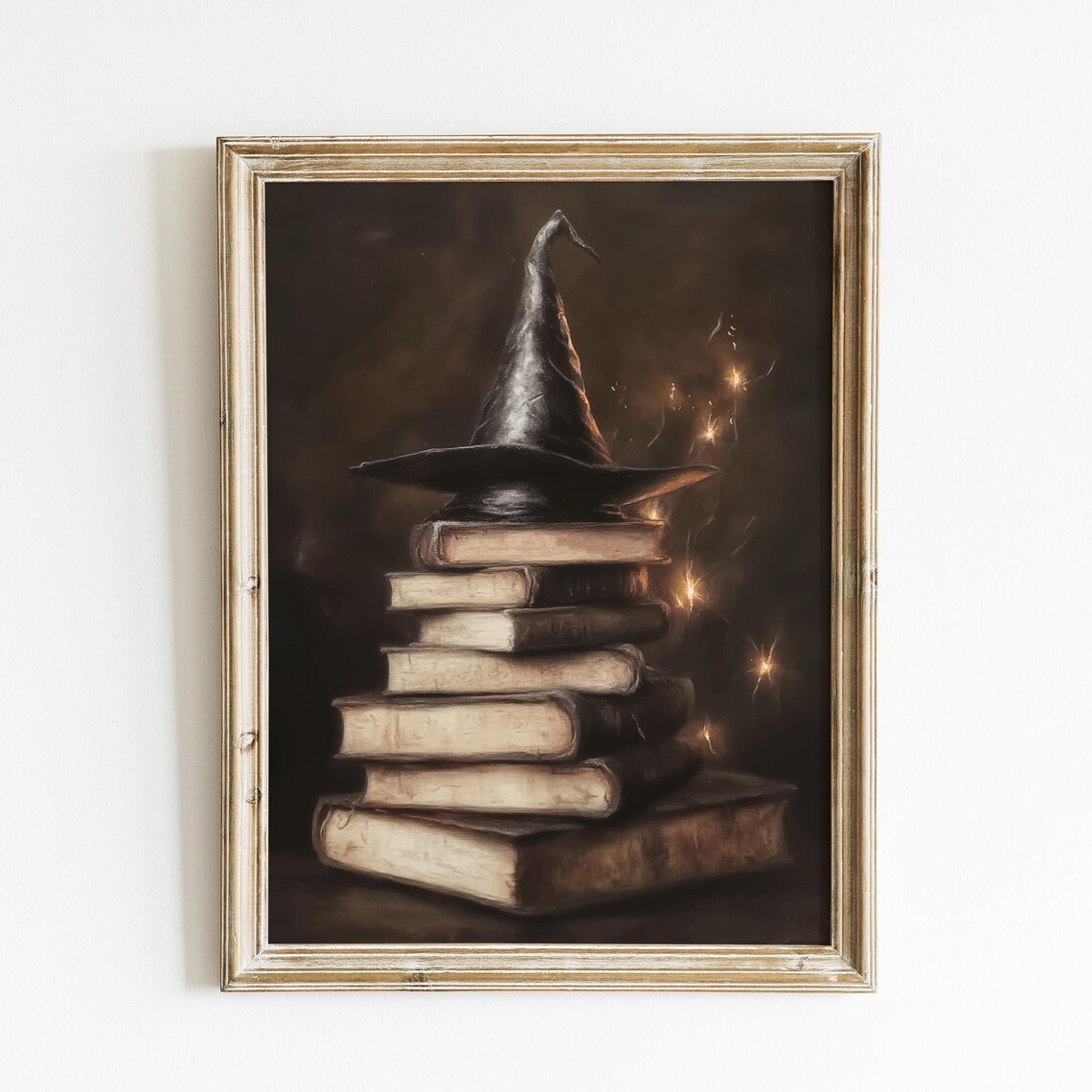 Wizard Hat on Stack of Vintage Books Magical Library Still Life Painting Art Poster
