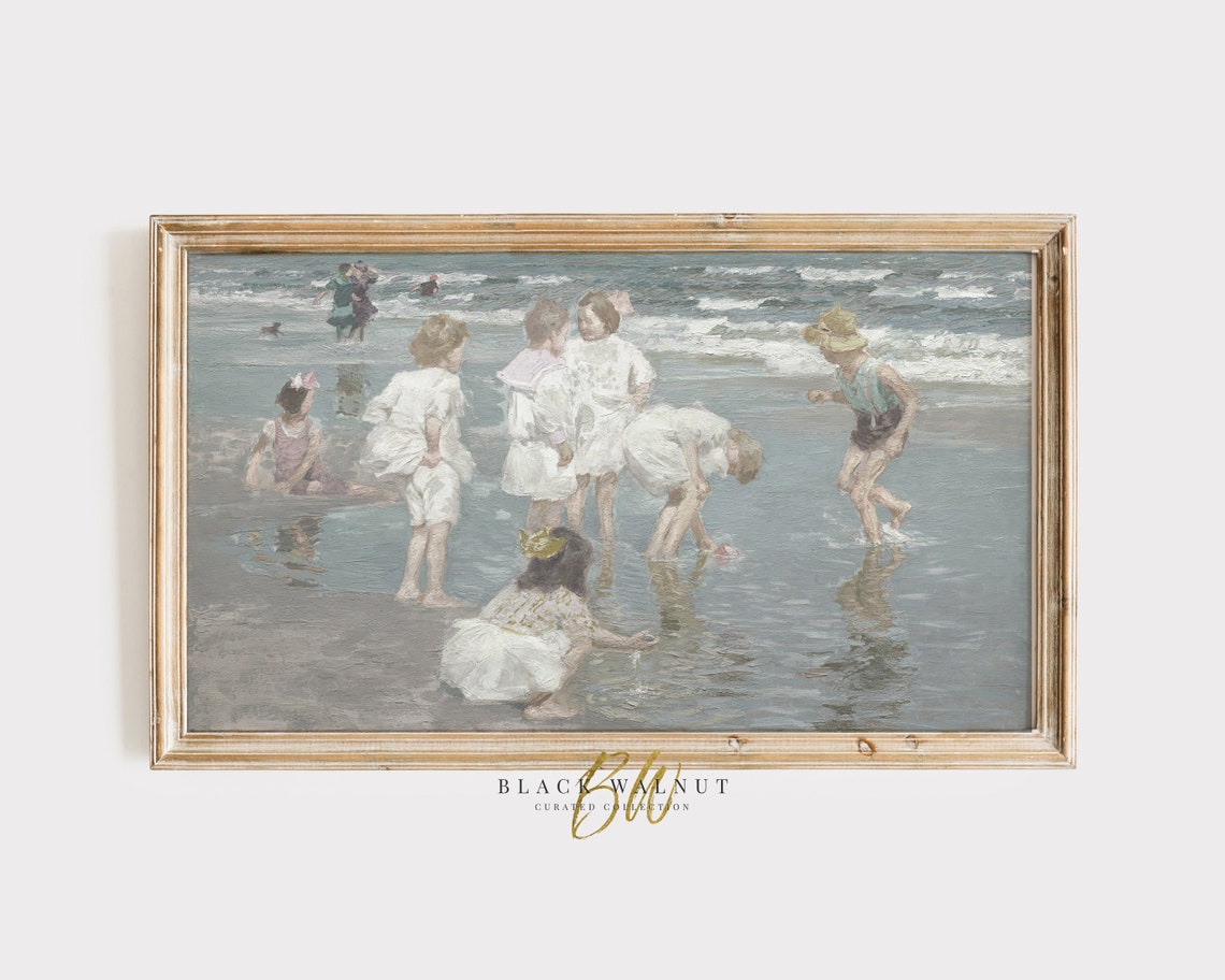 Frame Tv Art Vintage Summer Painting Coastal Antique Oil Painting Muted Ocean Print Vintage Beach House Vintage Lake House