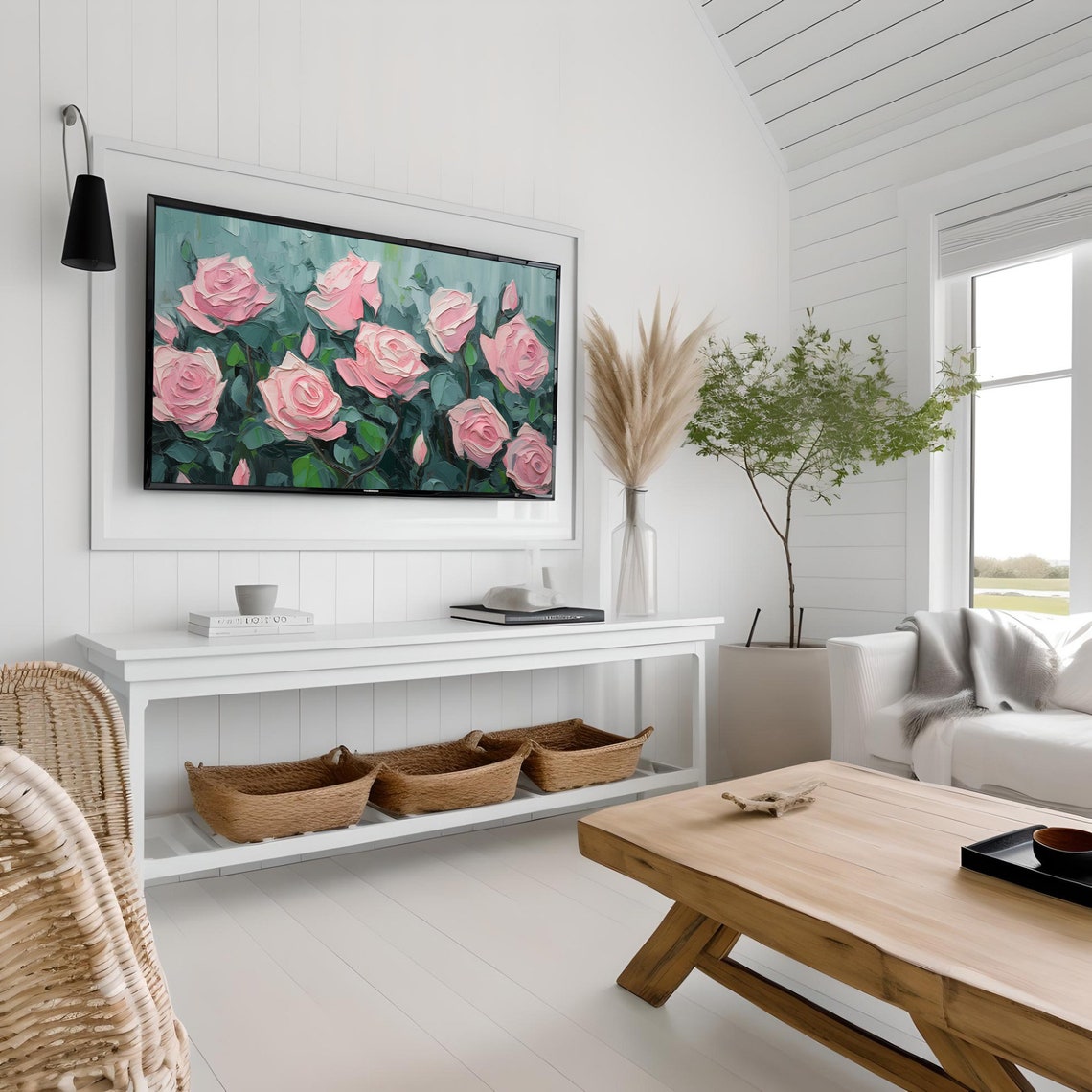 Textured Pink Roses Painting Impasto Style Vibrant Rose Bush Wall Art - Image 2