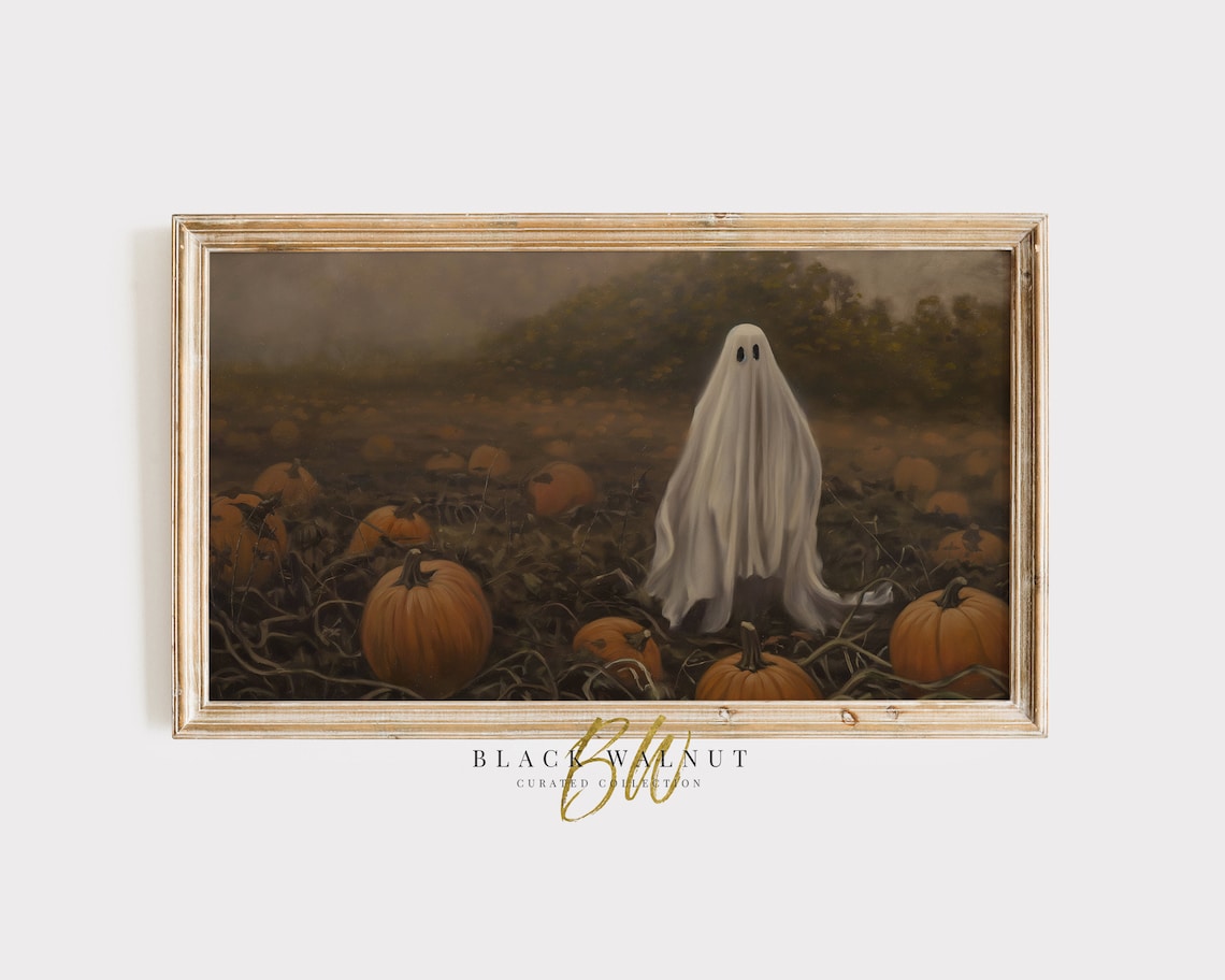 Ghost in Pumpkin Patch Vintage Halloween Art Print