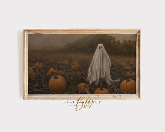 Ghost in Pumpkin Patch Vintage Halloween Art Print