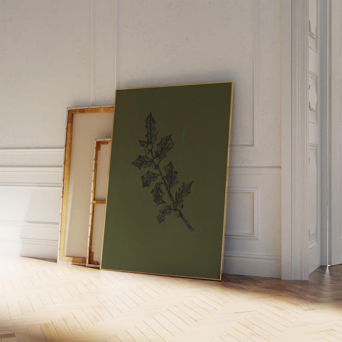 Winter Holly Branch Minimalist Sketch Dark Green Botanical Wall Poster - Image 2