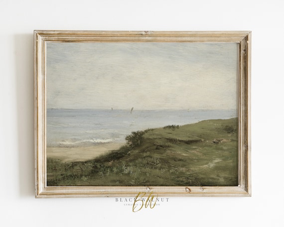 Green Coastal Bluff Overlooking Calm Sea Distant Sail Muted Oil Poster