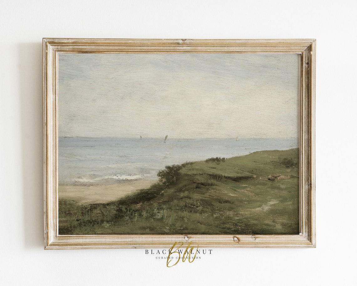 Green Coastal Bluff Overlooking Calm Sea Distant Sail Muted Oil Poster
