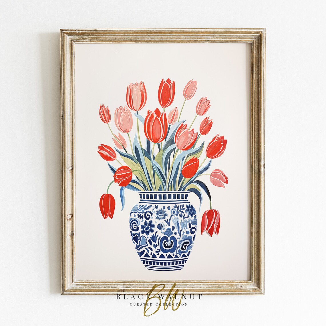 Tulips in a Blue White Vase, Grandmillennial Print