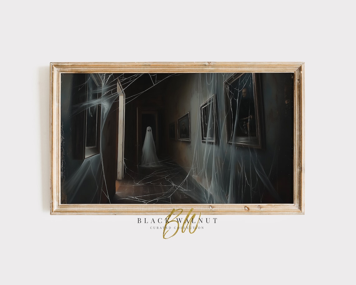 Ghost In Dark Cobweb Gallery Hallway Spooky Vintage Halloween Art Print