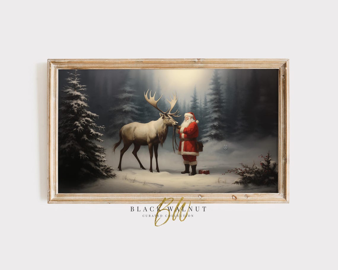 Frame Tv Art Christmas Painting Santa Reindeer In Snowy Winter Forest Tv Art Moody Holiday Decor Tv Screensaver