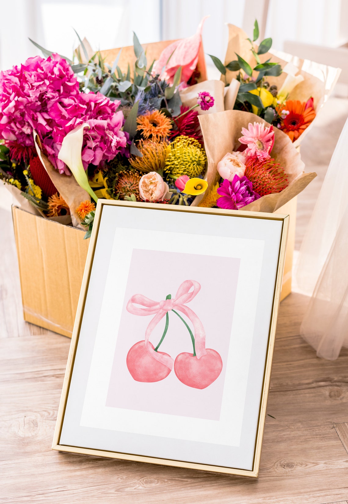 Pink Watercolor Cherries With Bow Coquette Girly Bedroom Decor Poster - Image 2