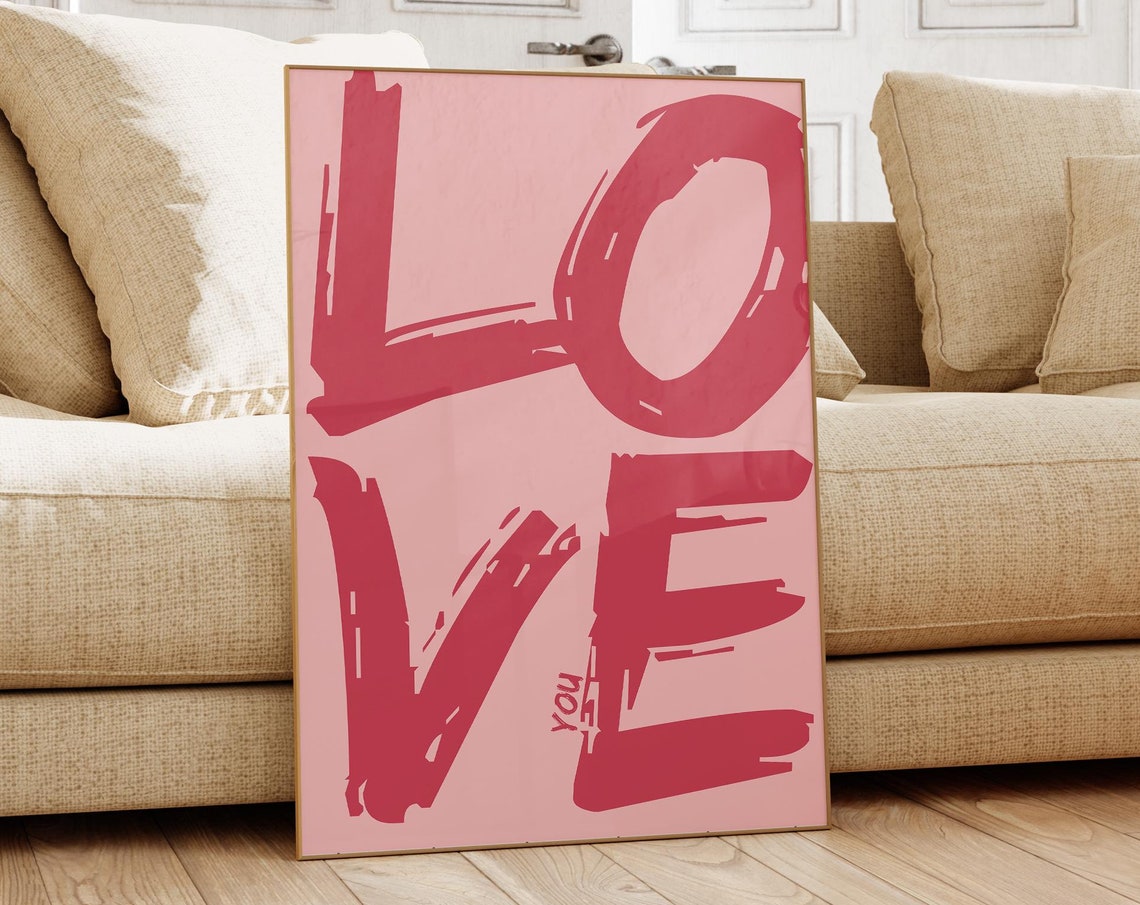 Oversized Love You Red On Pink Retro Brushstroke Typography Poster
