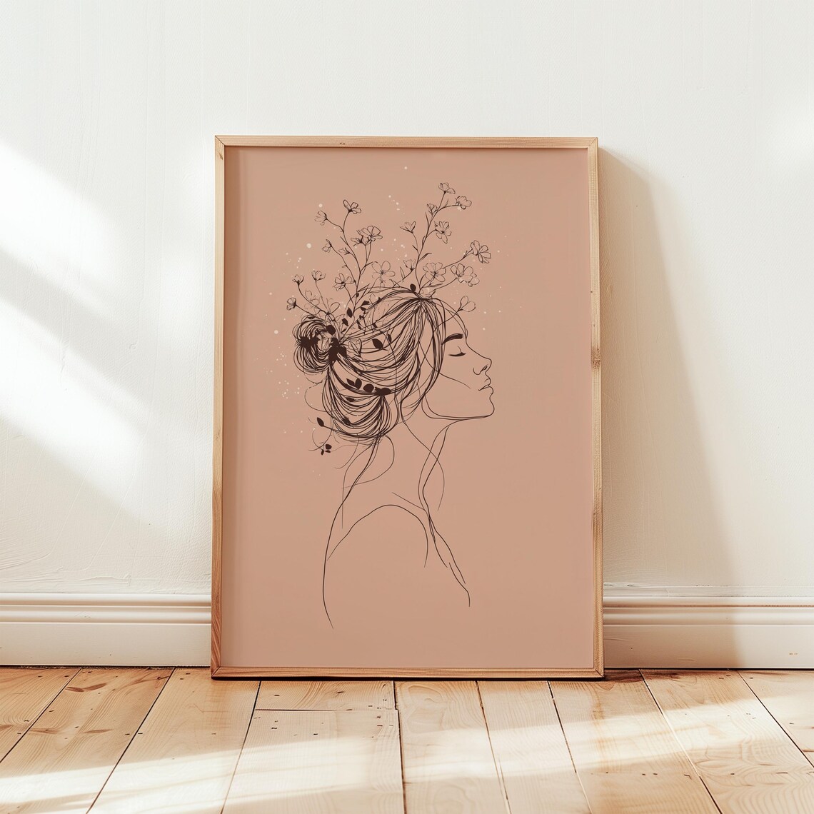 Minimalist Line Art Woman Profile With Wildflower Bun Dusty Rose Poster