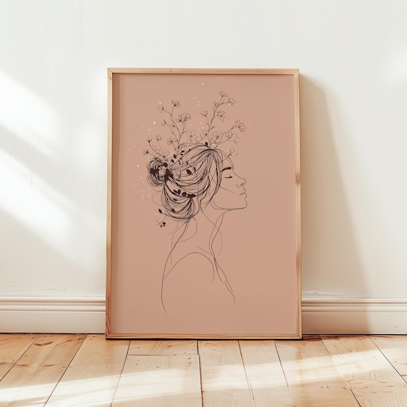 Minimalist Line Art Woman Profile With Wildflower Bun Dusty Rose Poster