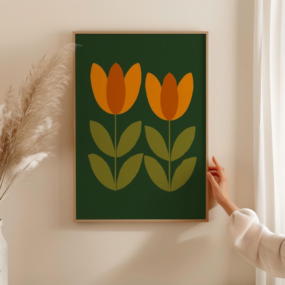 Orange Tulips On Dark Green Minimalist Mid Century Floral Poster