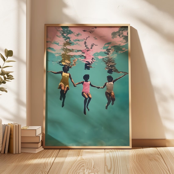 Three Girls Swimming Underwater Joyful Afrocentric Summer Wall Art