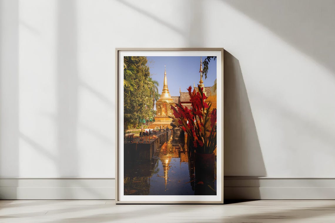 Golden Stupa Temple Reflecting Pool Thai Sacred Site Photo Poster