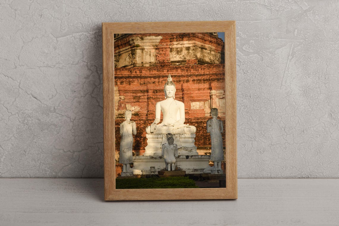 White Buddha Statue Before Ancient Brick Temple Ruins Photo Poster