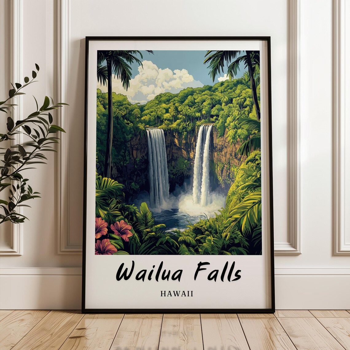 Wailua Falls Hawaii Travel Poster, Minimalist