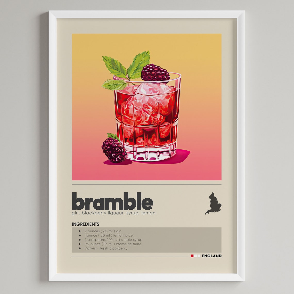 Bramble England Blackberry Gin Cocktail Recipe Vintage Poster