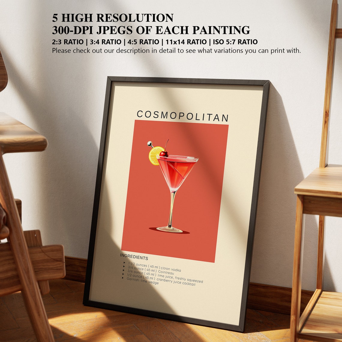 Cosmopolitan Cocktail Recipe Minimalist Bar Cart Decor Poster - Image 2