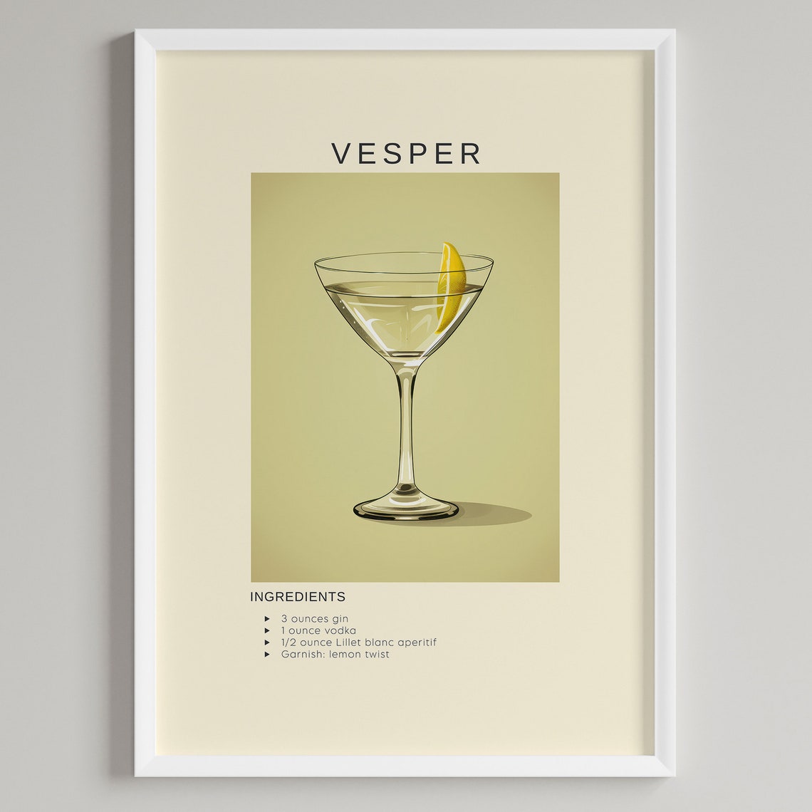 Vesper Gin Cocktail Recipe Minimalist Bar Cart Kitchen Poster