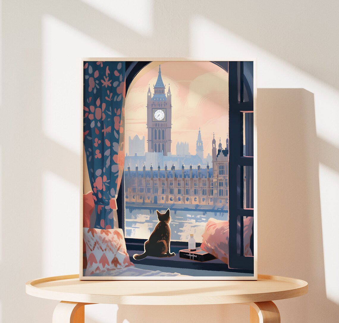 Big Ben Cat Art Print, Cozy London Wall Decor