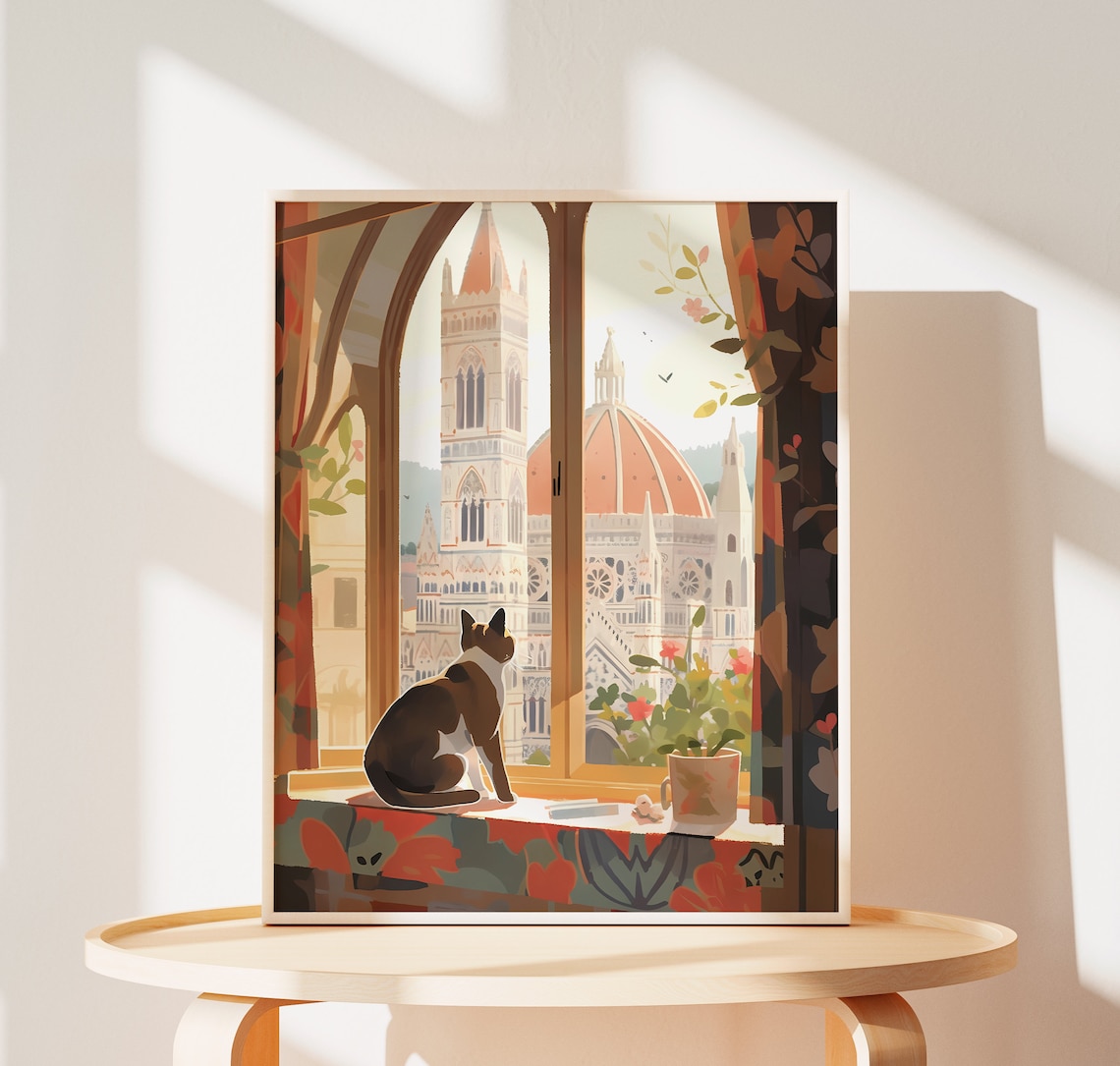 Cute Cat Florence Cathedral, Cat Mom Gift Art Print