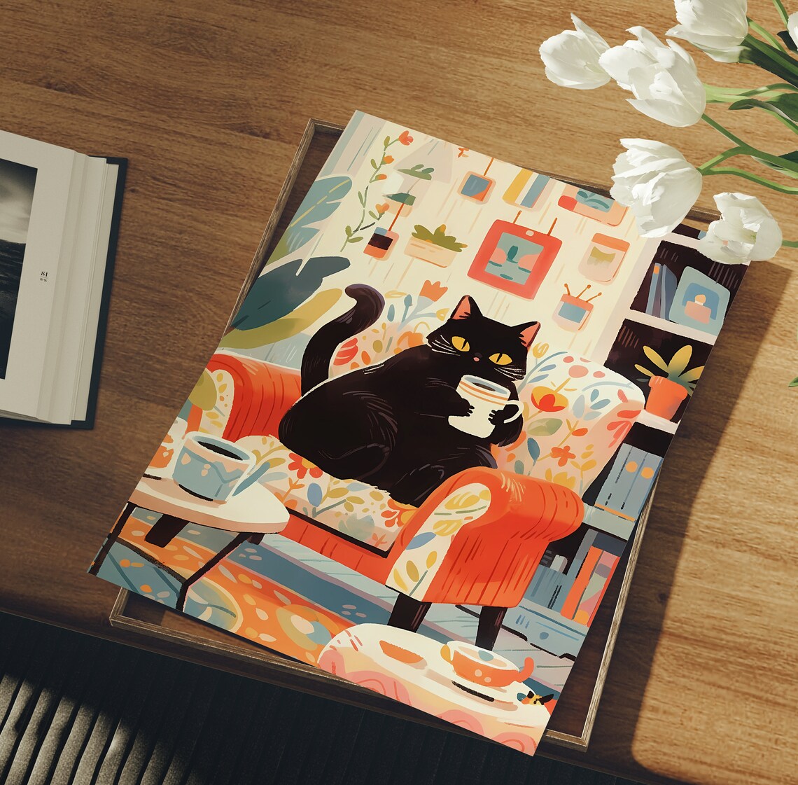 Cozy Cat Print, Funny Cafe Cat Art Print - Image 3