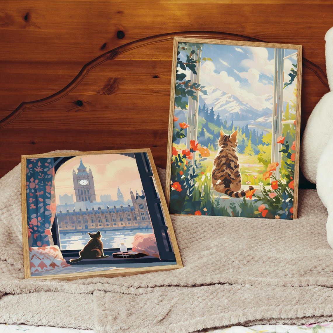Tabby Cat Watching Snowy Mountains from a Flower Window Poster - Image 3