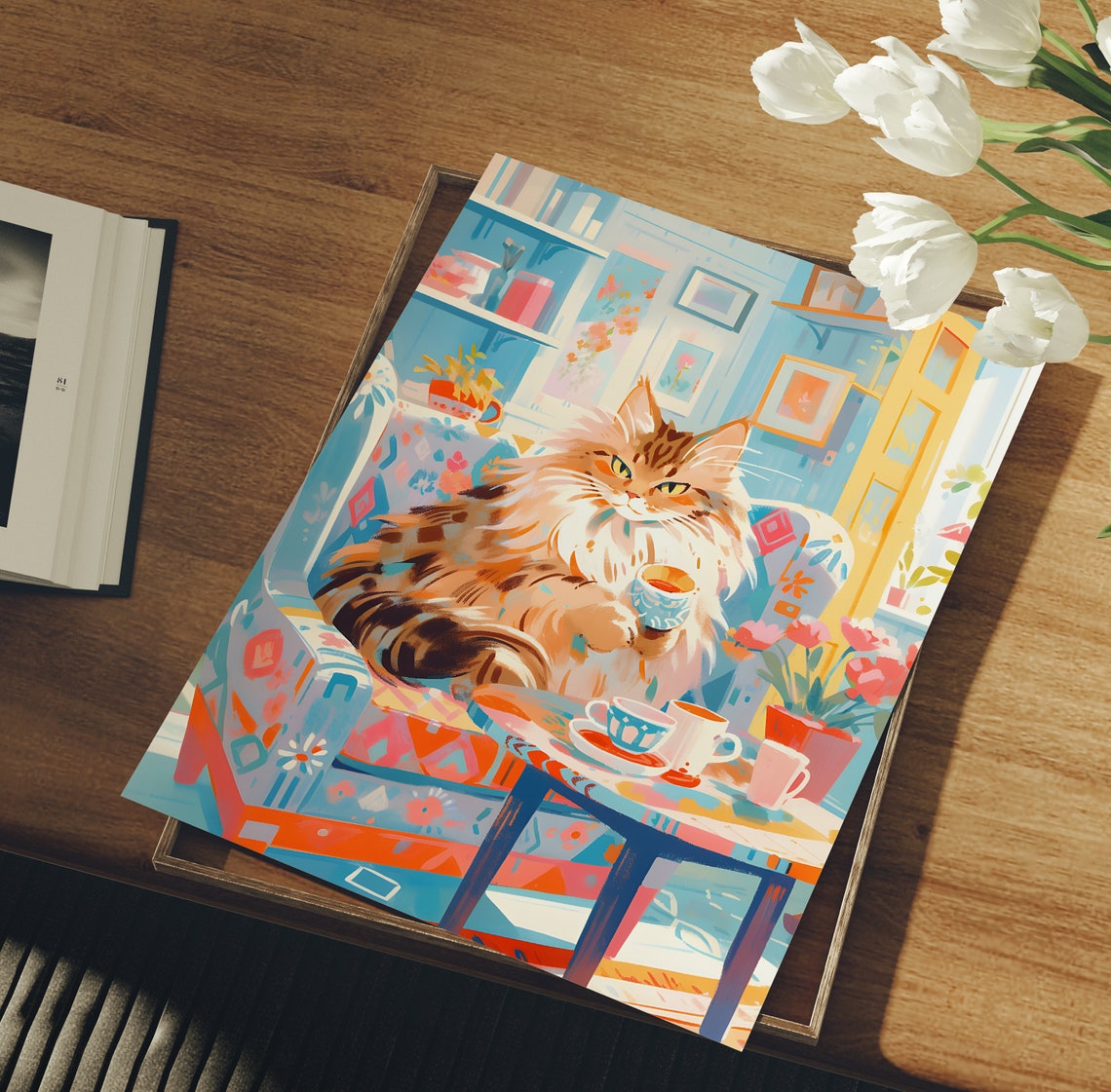 Fluffy Maine Coon Cat Drinking Tea in a Cozy Room Art Poster - Image 3