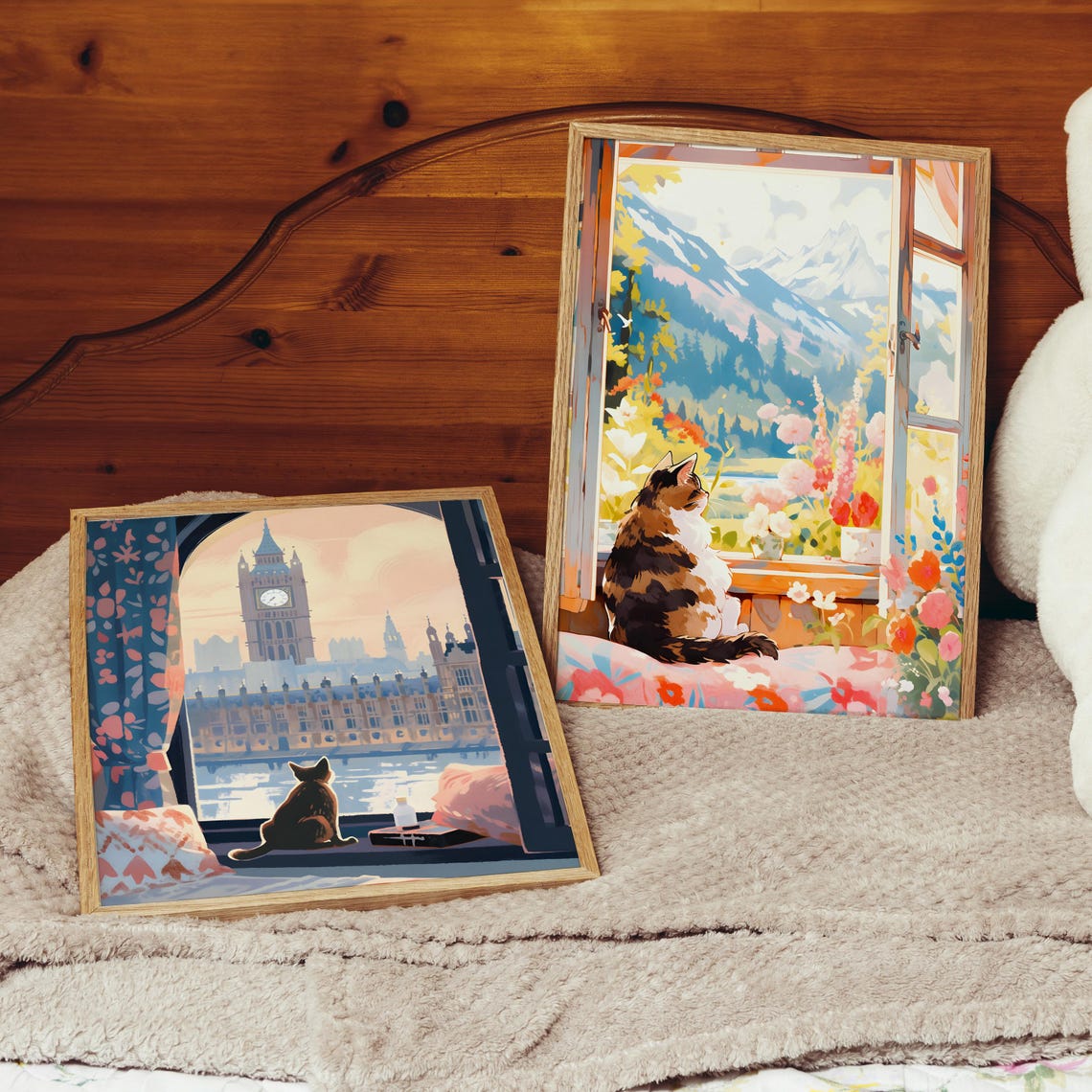 Longhair Cat Gazing at the Alps from a Flower-Filled Window Poster - Image 3