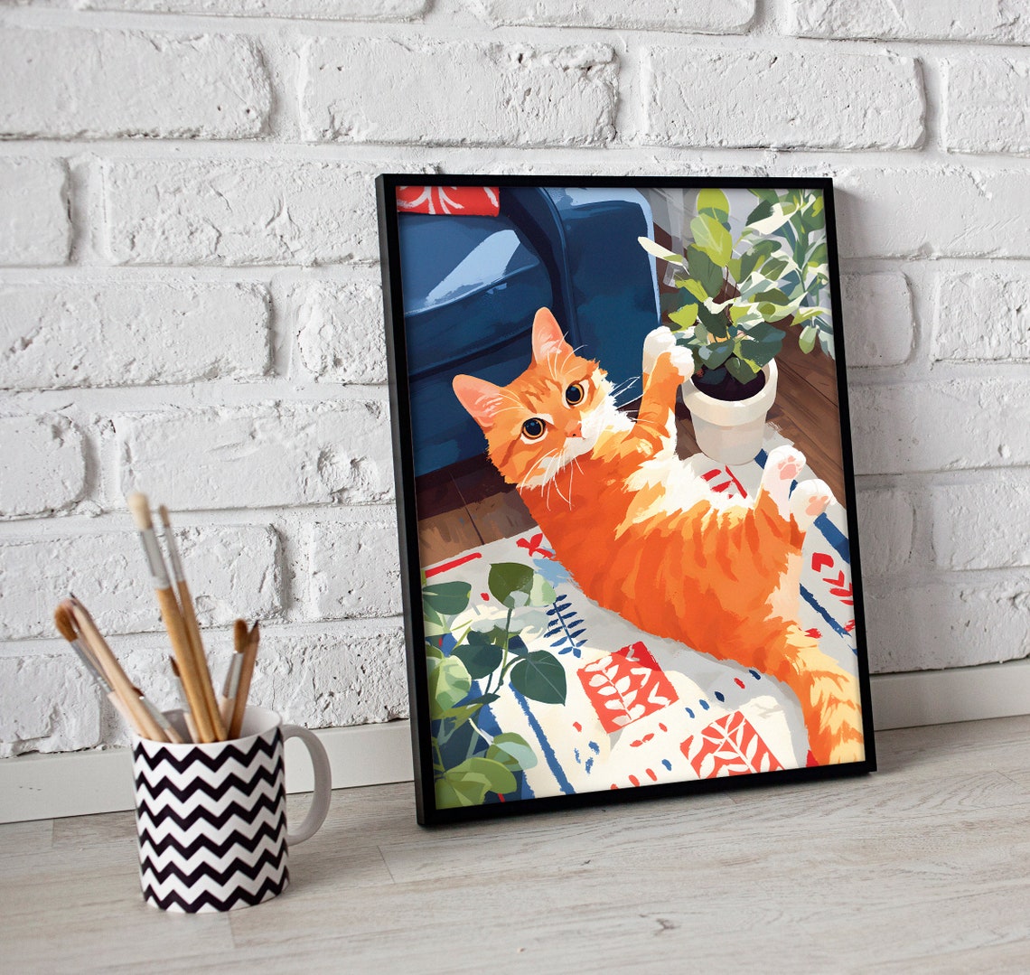 Playful Ginger Cat Lying on Its Back on a Colorful Rug Poster - Image 3