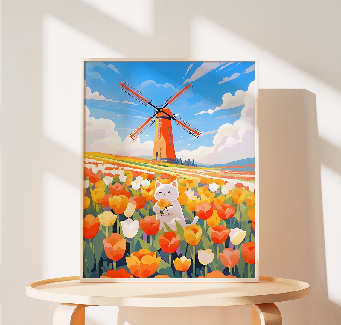 White Cat Holding a Tulip in a Dutch Windmill Field Art Poster