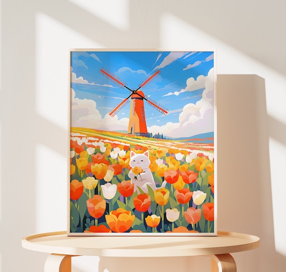 White Cat Holding a Tulip in a Dutch Windmill Field Art Poster