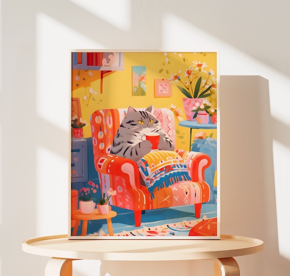 Grey Tabby Cat Drinking Coffee in a Cozy Armchair Art Poster