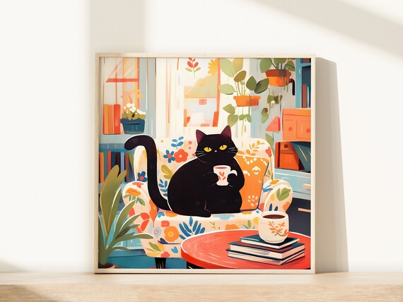 Black Cat Holding Heart Mug on Floral Chair with Books Poster