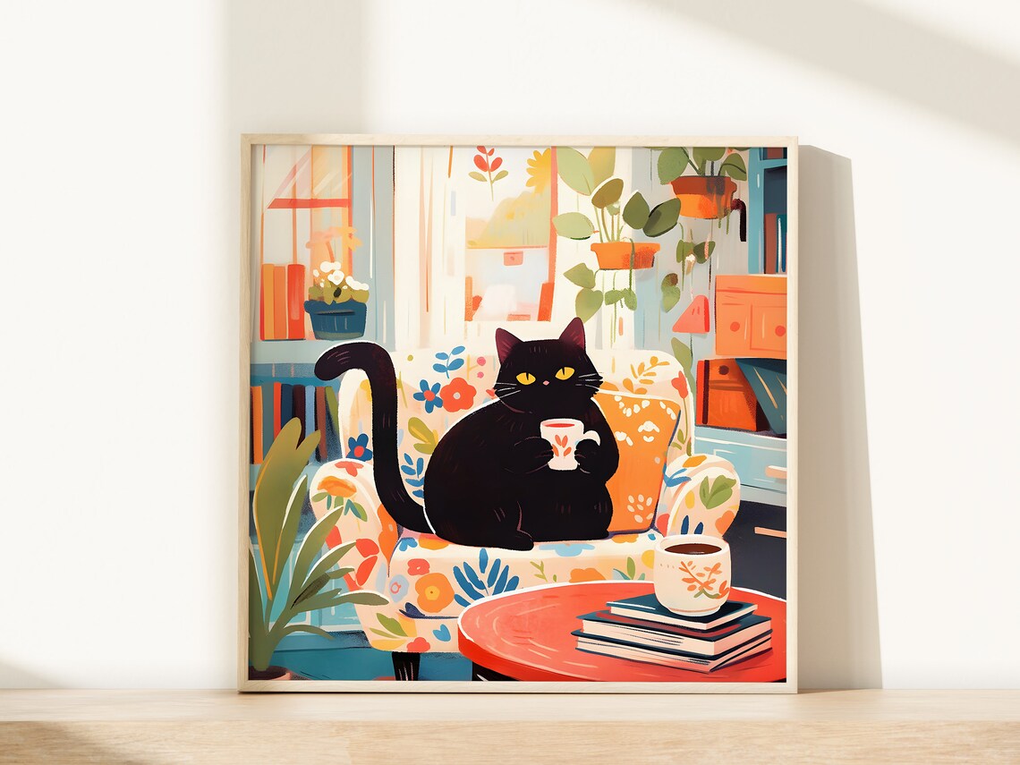 Black Cat Holding Heart Mug on Floral Chair with Books Poster