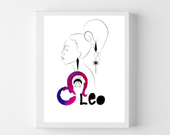 Leo Zodiac Line Art Woman Watercolor Lion Glyph Star Sign Poster
