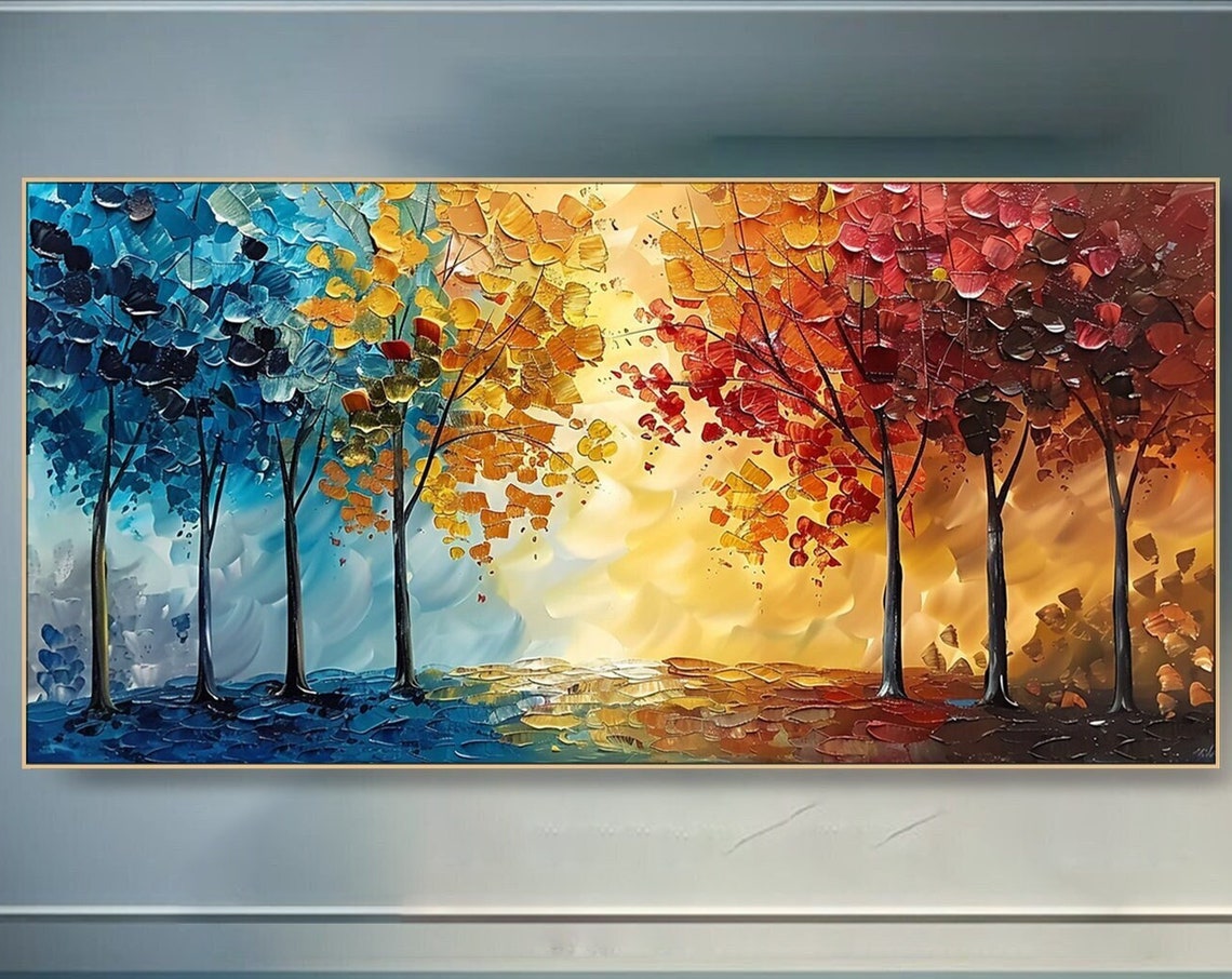 Colorful Rainbow Trees Blue Yellow Red Impasto Autumn Art Poster
