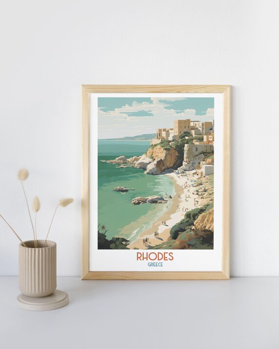 Rhodes Greece Beach Coves and Whitewashed Cliff Town Travel Art Print