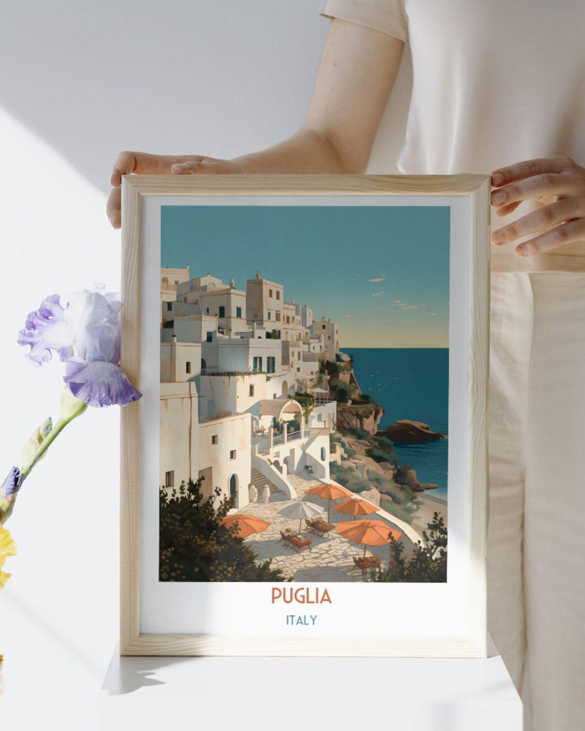Puglia Italy Whitewashed Coastal Town and Terrace View Travel Print - Image 2