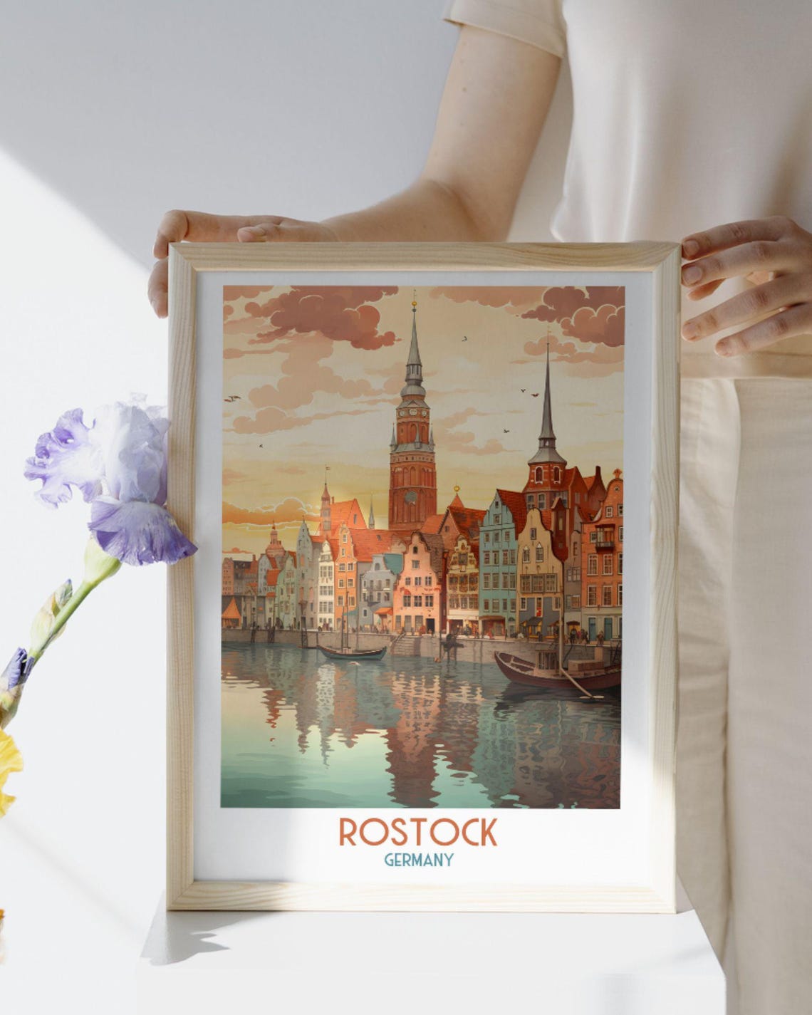 Rostock Germany Waterfront Gabled Houses and Church Spires Art Print - Image 2