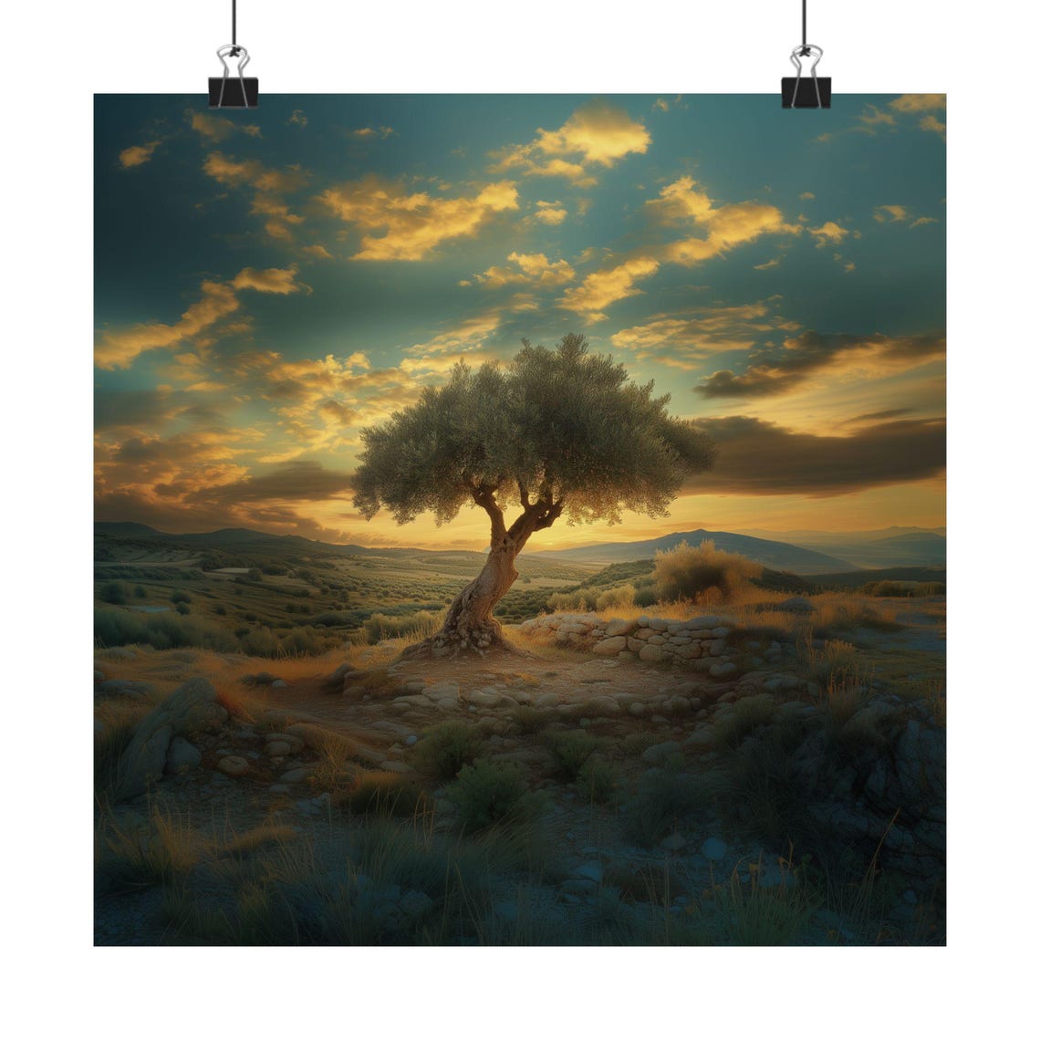 Ancient Olive Tree at Sunset Warm Mediterranean Hillside Scene Poster - Image 3