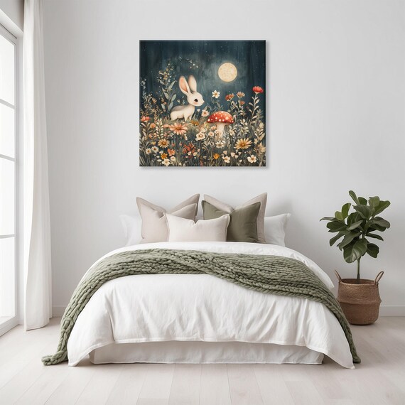 Cute Bunny in Moonlit Flower Meadow With Red Mushroom Poster