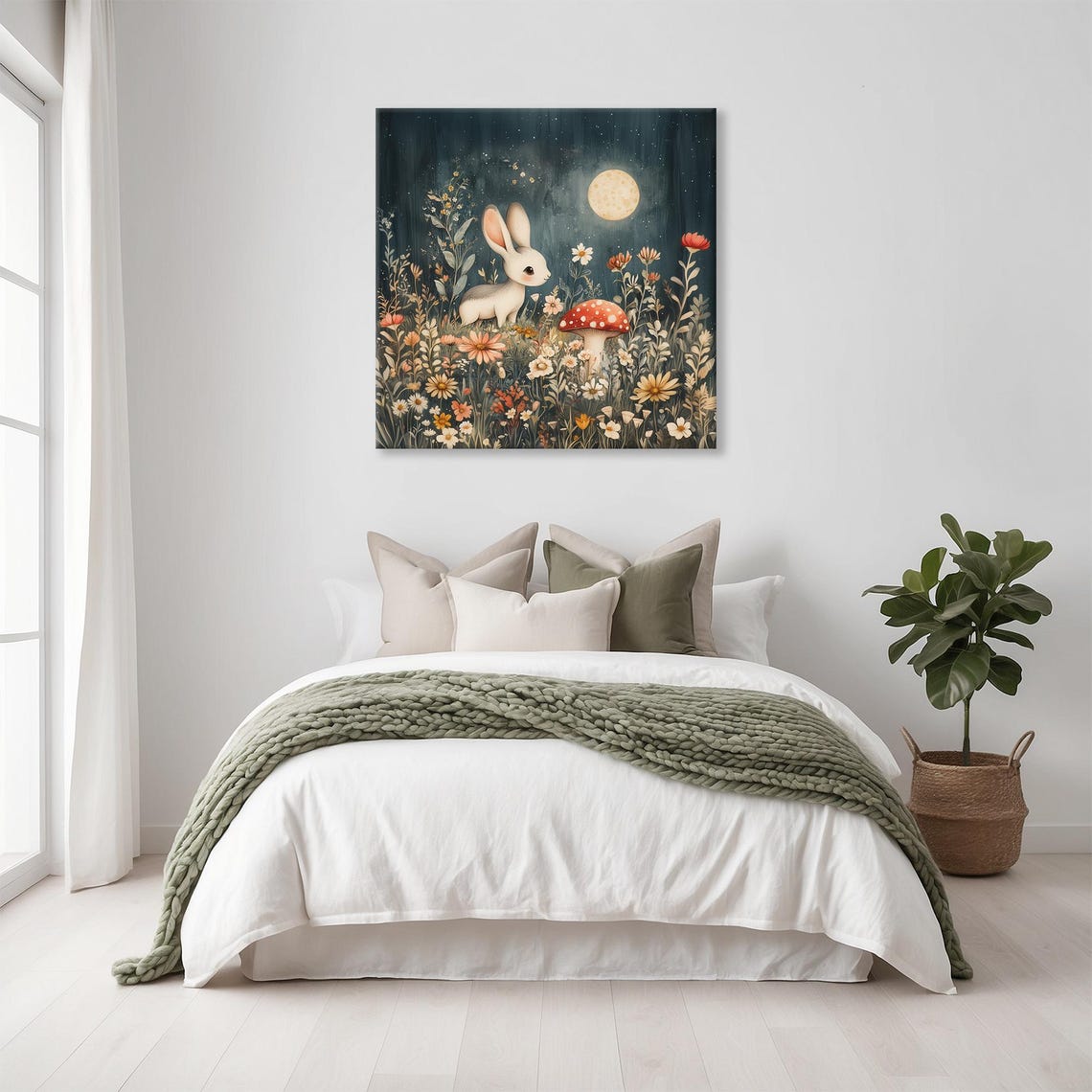Cute Bunny in Moonlit Flower Meadow With Red Mushroom Poster