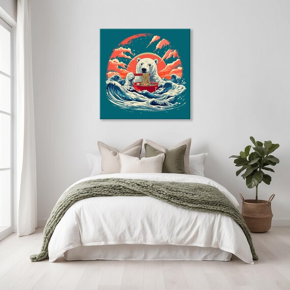 Polar Bear Ramen Great Wave Red Sun Japanese Inspired Art Poster